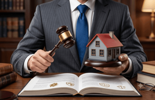 Advogado segura miniatura de casa e martelo de juiz, representando leilão extrajudicial de imóvel